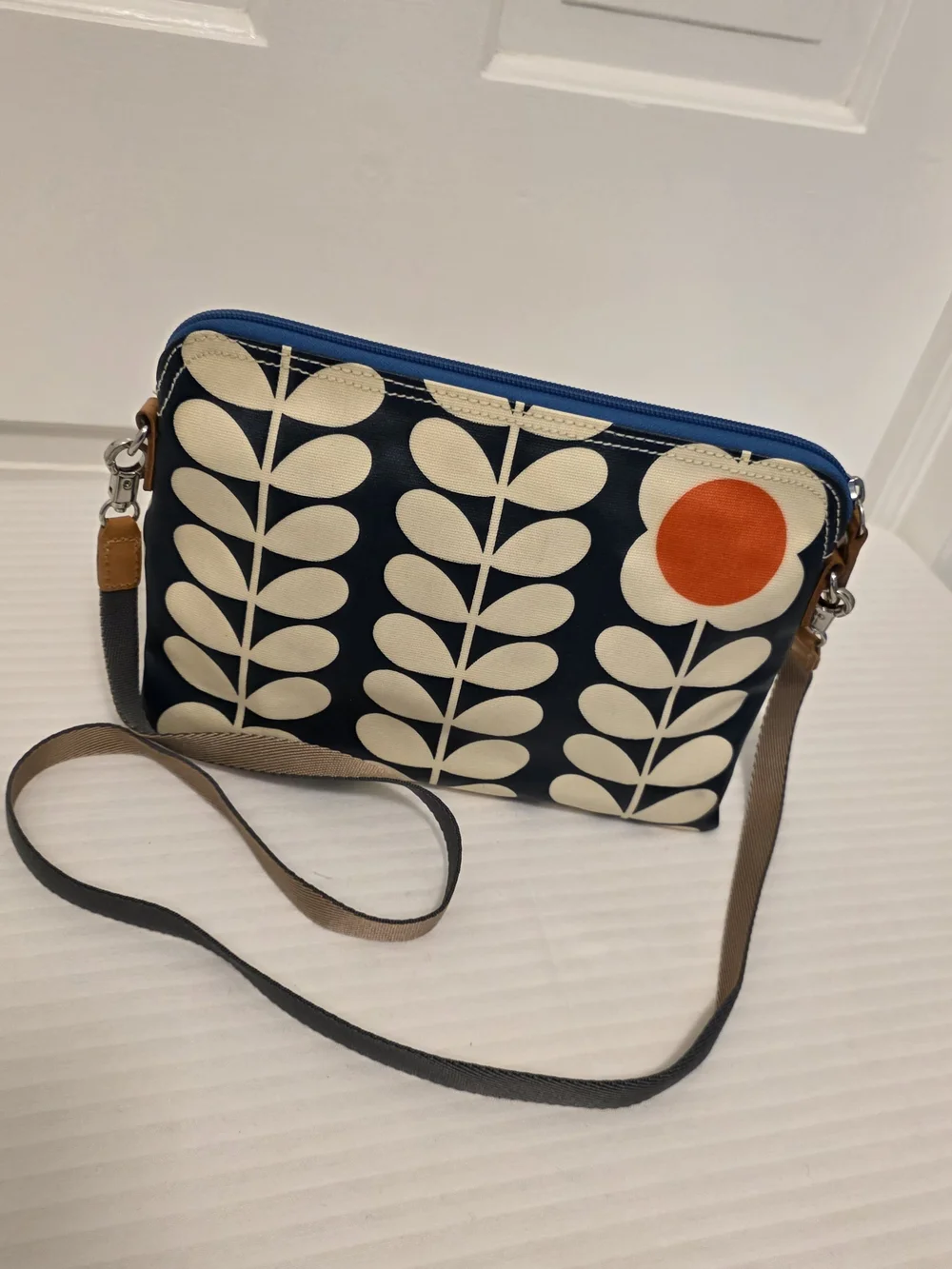 Orla Kiely Navy Crossbody/Clutch W/ Cream Stem Pattern & Orange Dot Lightweight